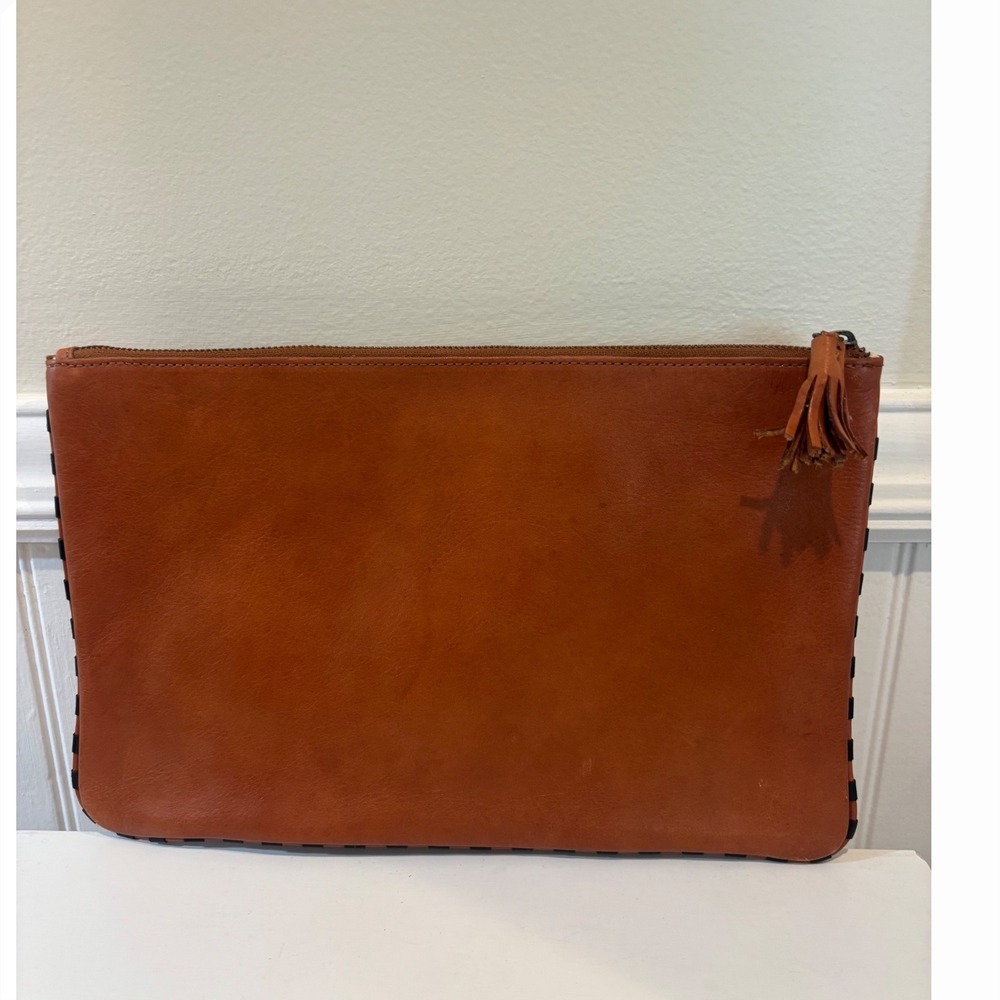 Madewell Leather Tassel Zip Clutch Cognac Brown Whipstitch Flat Pouch Bag